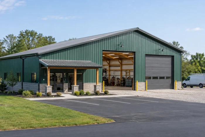 Commercial post-frame building with an office entrance and two service bays.