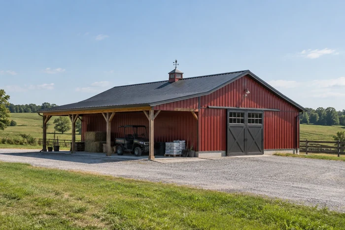 Red agricultural support building with enclosed storage and a covered work area.