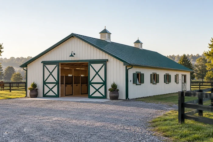 Center-aisle horse barn with broad entrance doors and adjoining paddock fencing.