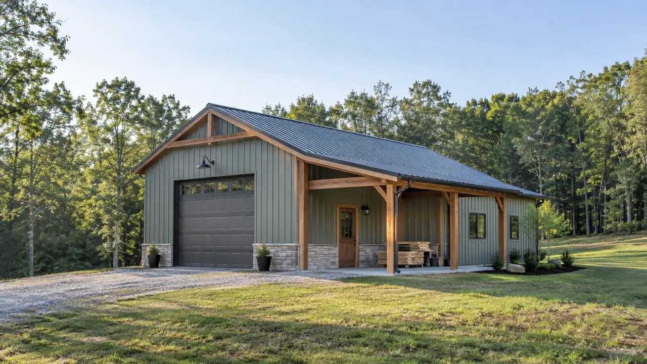 Post-frame craft workshop with timber entry details and side windows. Post-frame craft workshop with timber entry details and side windows.