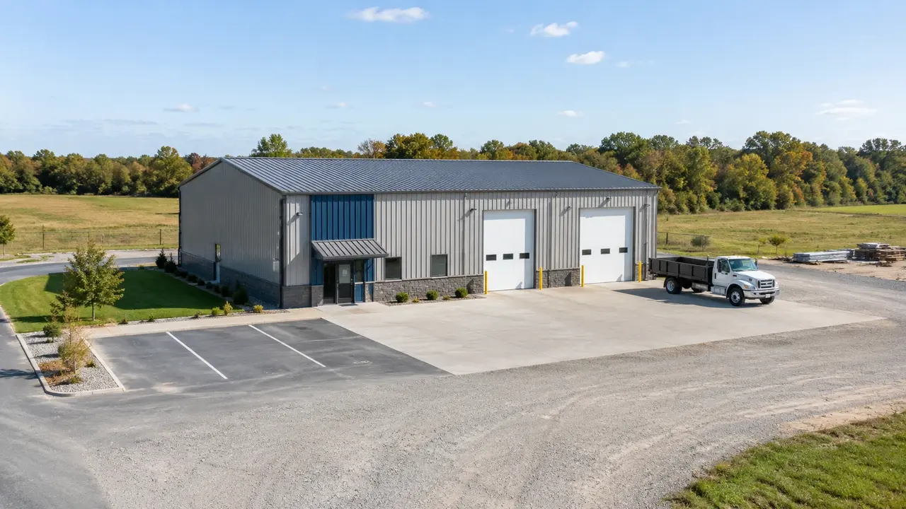 Commercial storage building with separate pedestrian and loading access. Commercial storage building with separate pedestrian and loading access.