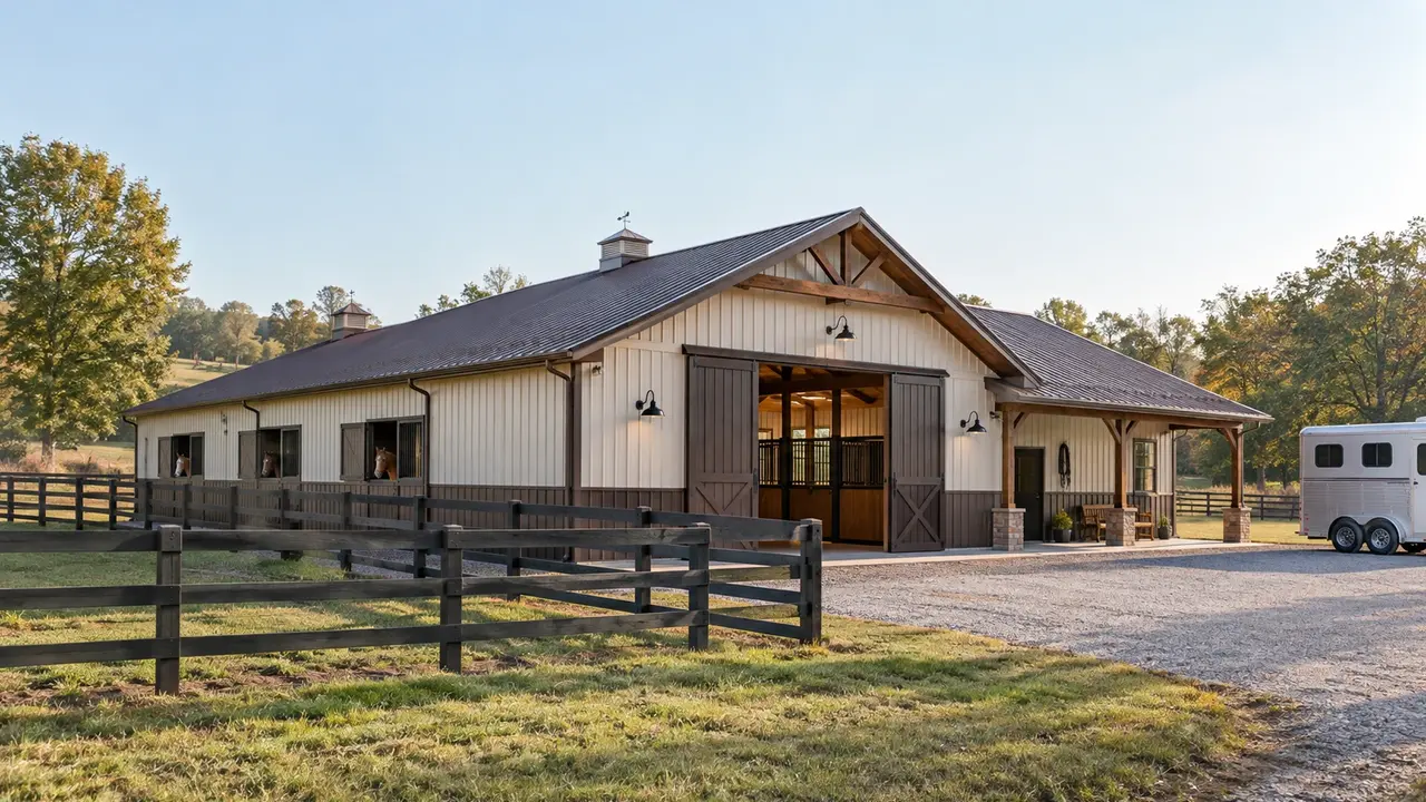 Horse-care barn with a small service wing and trailer access beside a paddock. Horse-care barn with a small service wing and trailer access beside a paddock.