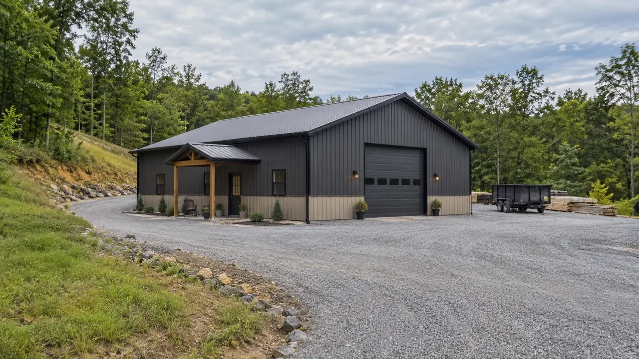 Workshop on a level building pad beside a sloping wooded property. Workshop on a level building pad beside a sloping wooded property.