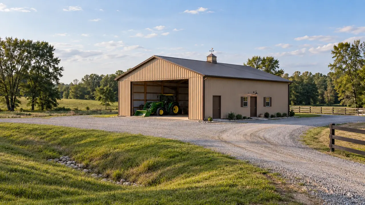 Agricultural barn with separate equipment and supply-storage sections. Agricultural barn with separate equipment and supply-storage sections.