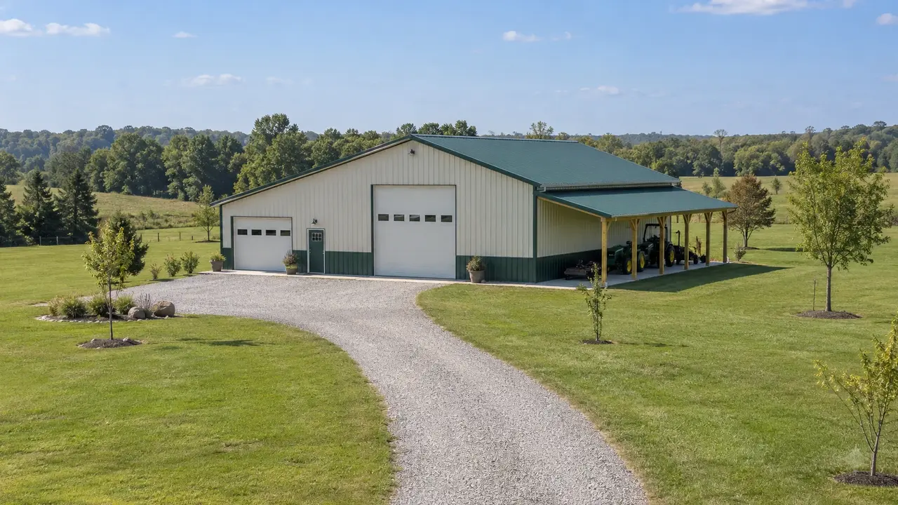 Multiuse post-frame outbuilding with a long gravel drive and open side access. Multiuse post-frame outbuilding with a long gravel drive and open side access.