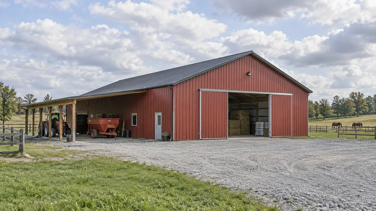 Equestrian support barn with sliding doors and a covered utility area. Equestrian support barn with sliding doors and a covered utility area.