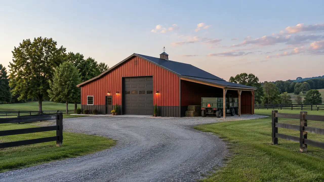 Agricultural utility barn with a lean-to beside a curving farm lane. Agricultural utility barn with a lean-to beside a curving farm lane.