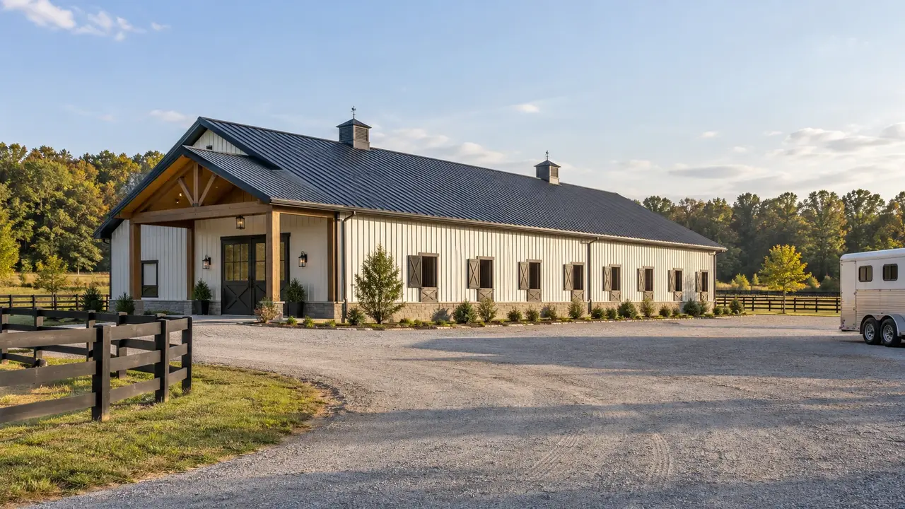 Long horse barn with a sheltered entrance and nearby paddock fencing. Long horse barn with a sheltered entrance and nearby paddock fencing.