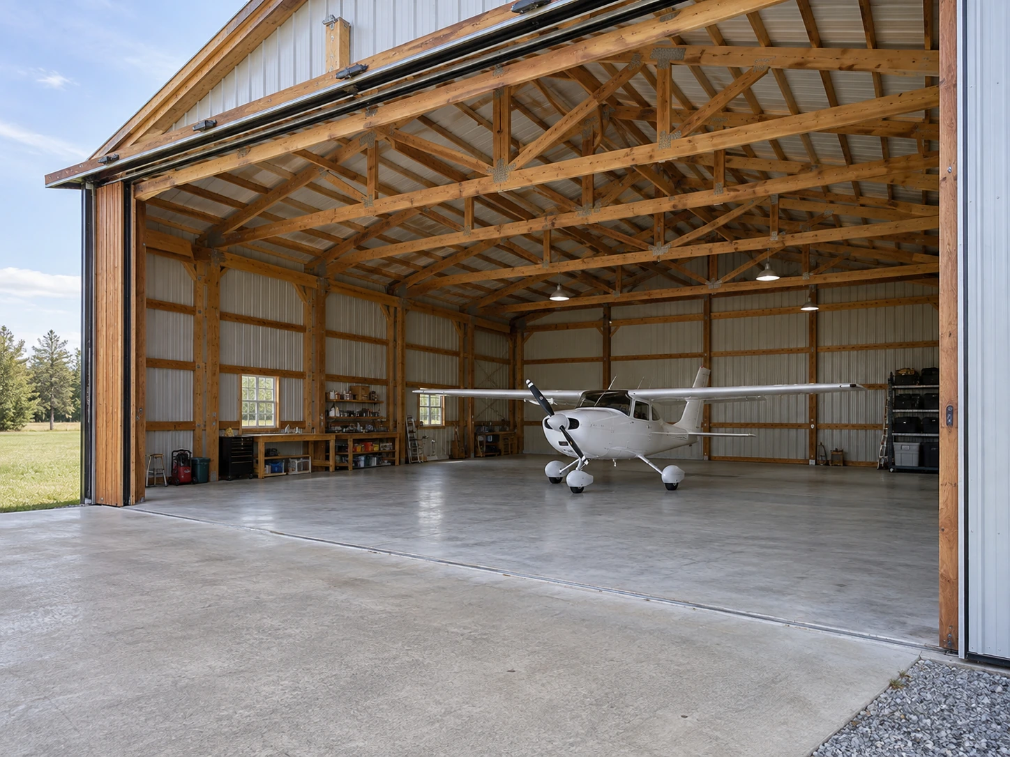 Small airplane inside a timber-framed hangar with clear floor space and perimeter storage. Small airplane inside a timber-framed hangar with clear floor space and perimeter storage.