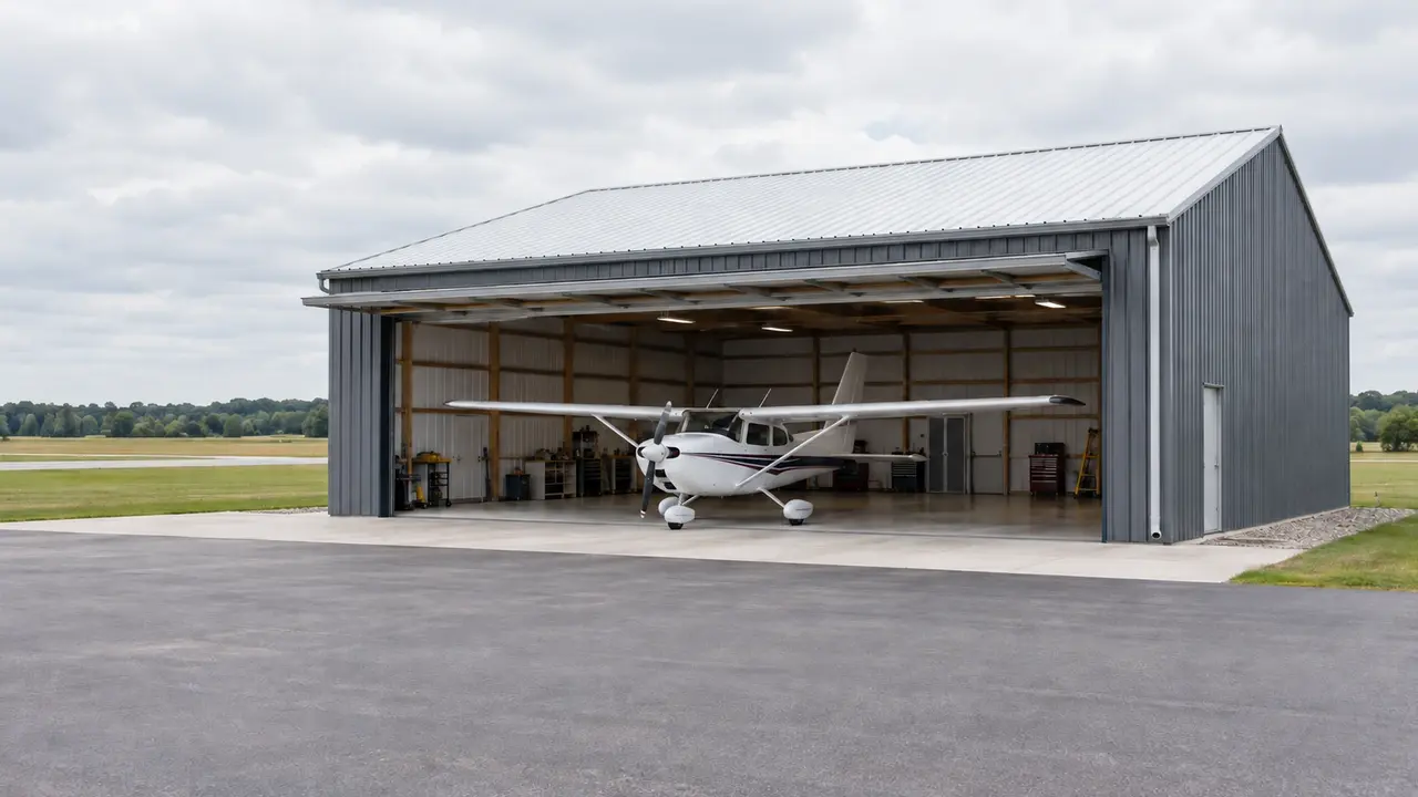 Small aircraft hangar with an open wide door and a single-engine airplane. Small aircraft hangar with an open wide door and a single-engine airplane.