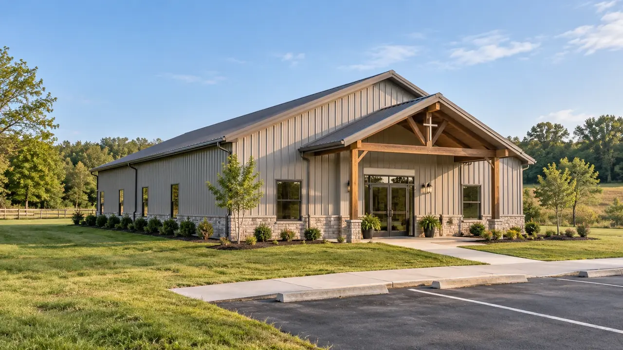 Community building with a sheltered entrance and a level pedestrian walkway. Community building with a sheltered entrance and a level pedestrian walkway.