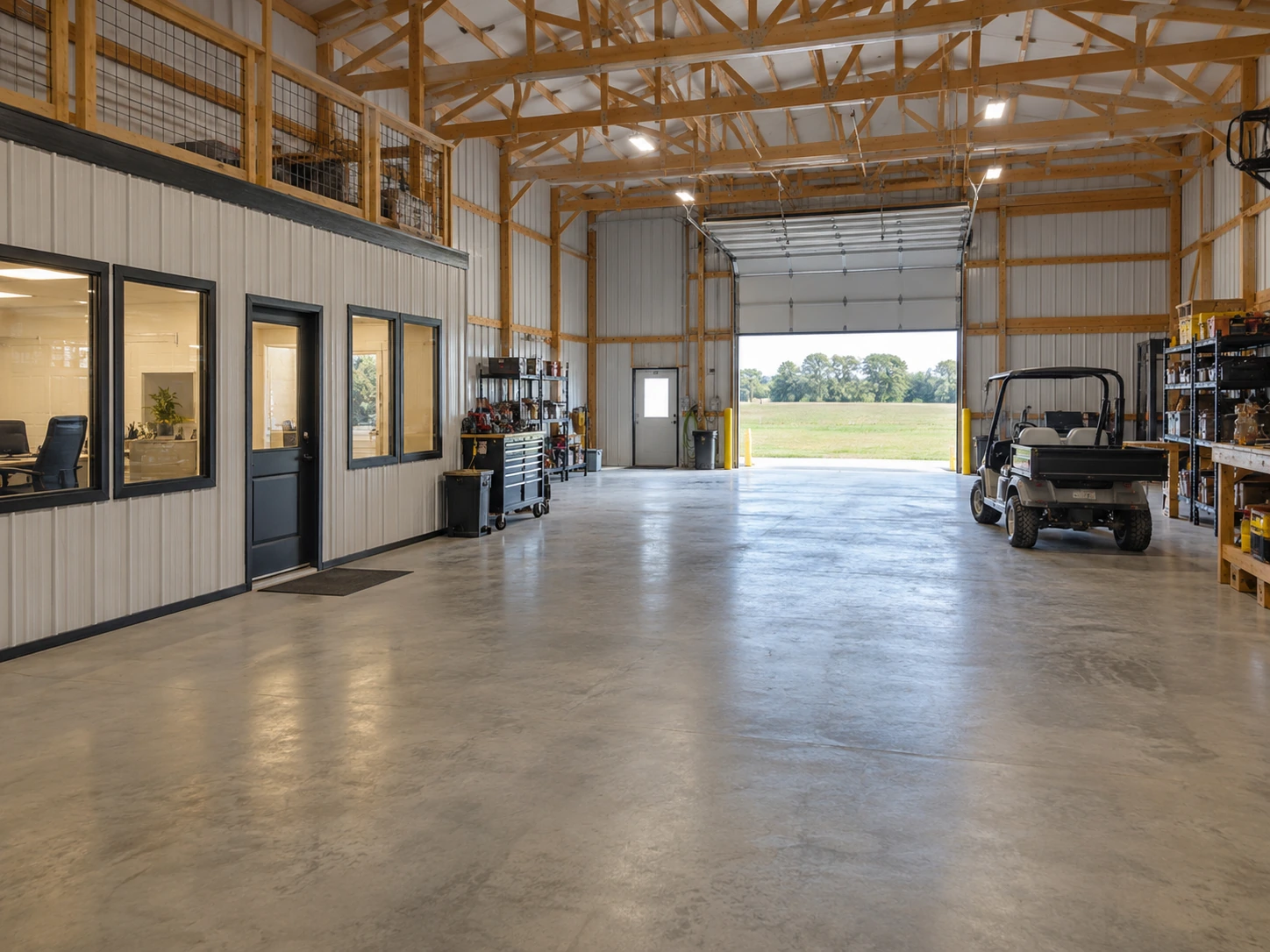 Commercial workspace with an enclosed office and an open equipment route. Commercial workspace with an enclosed office and an open equipment route.