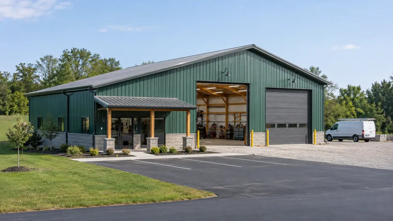 Commercial post-frame building with an office entrance and two service bays. Commercial post-frame building with an office entrance and two service bays.