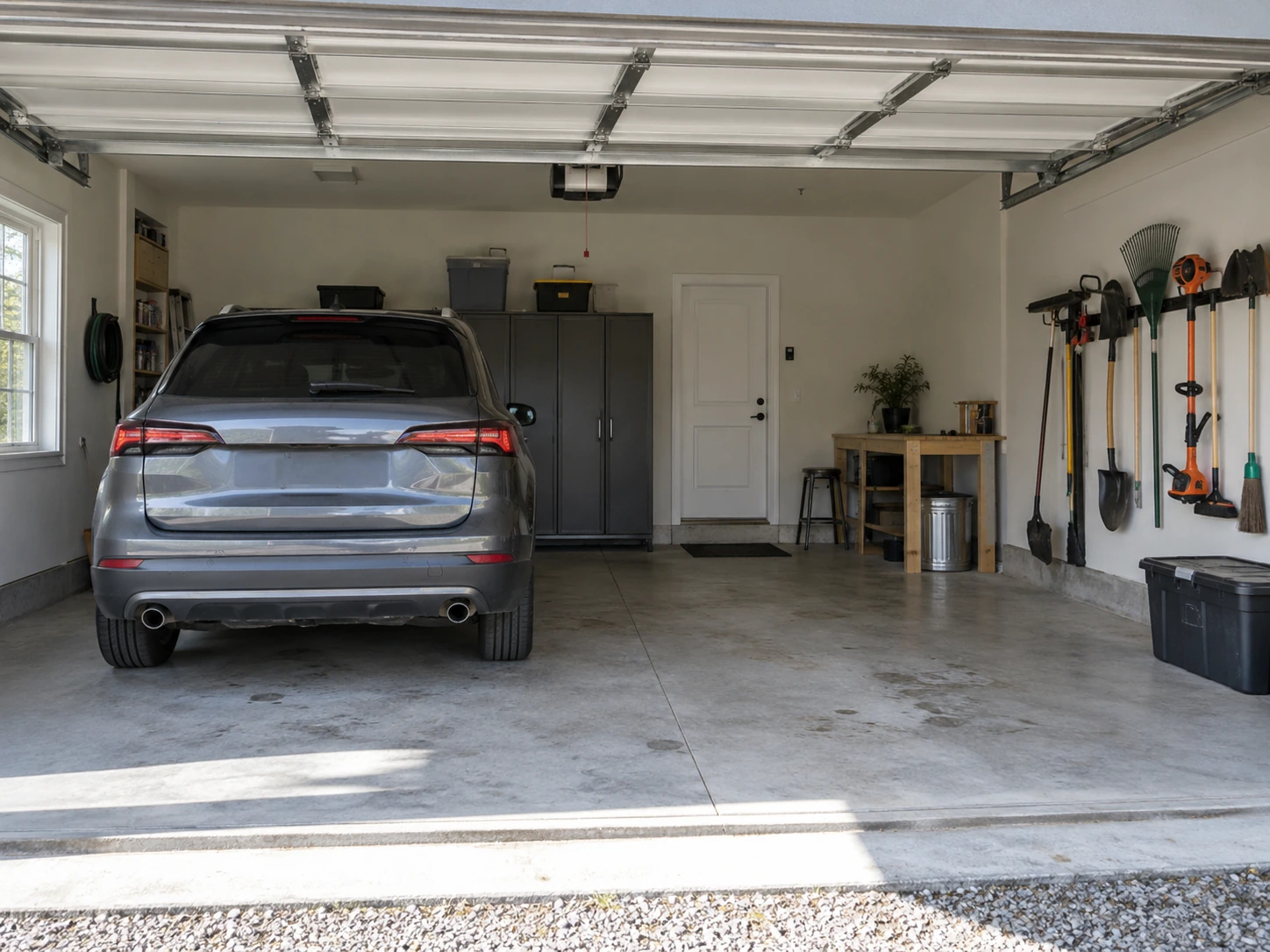 Detached garage interior with vehicle parking and organized wall storage. Detached garage interior with vehicle parking and organized wall storage.