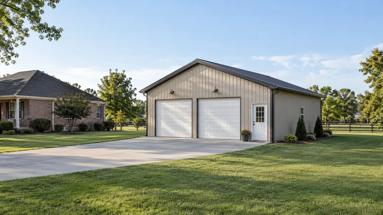 Two-car detached garage with overhead doors beside a brick home. Two-car detached garage with overhead doors beside a brick home.