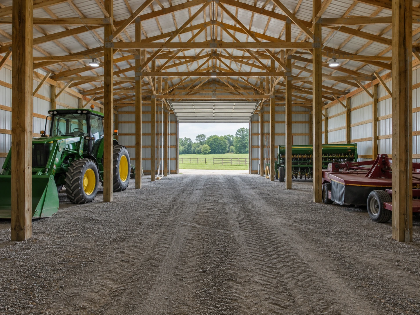 Farm equipment parked beside a clear central access route inside a storage building. Farm equipment parked beside a clear central access route inside a storage building.