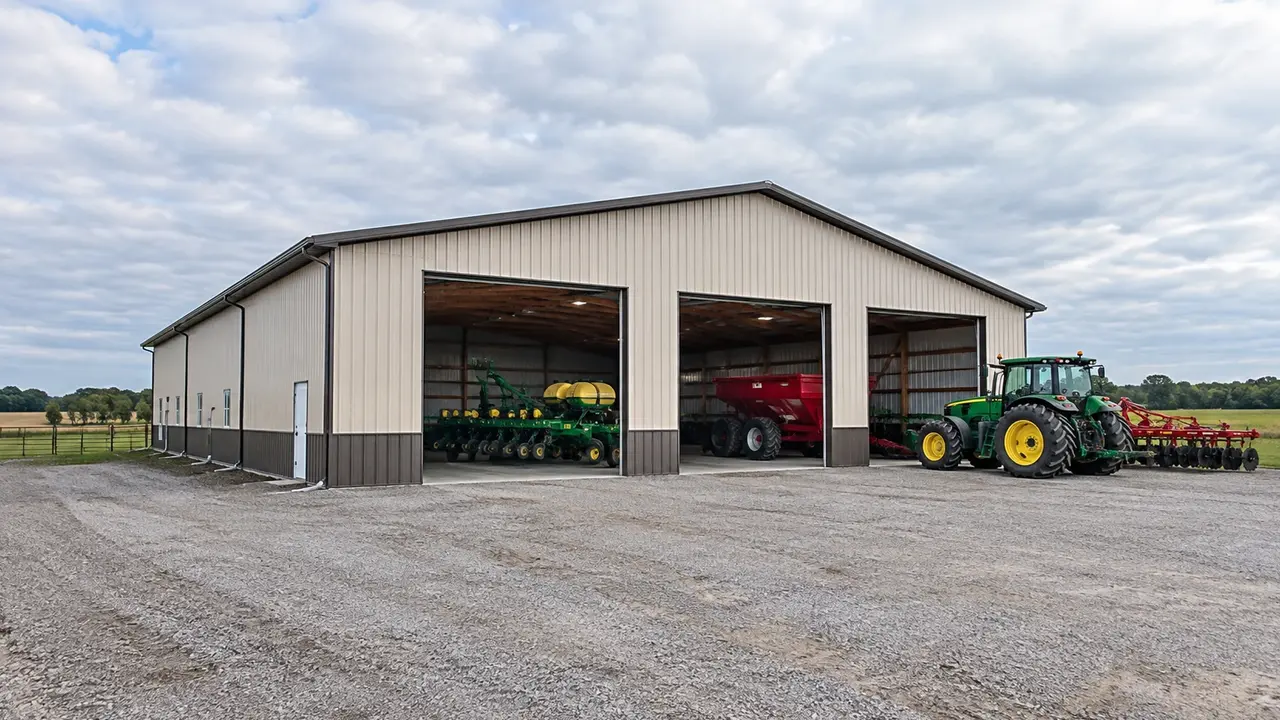 Equipment storage barn with tall openings and a wide gravel maneuvering area. Equipment storage barn with tall openings and a wide gravel maneuvering area.