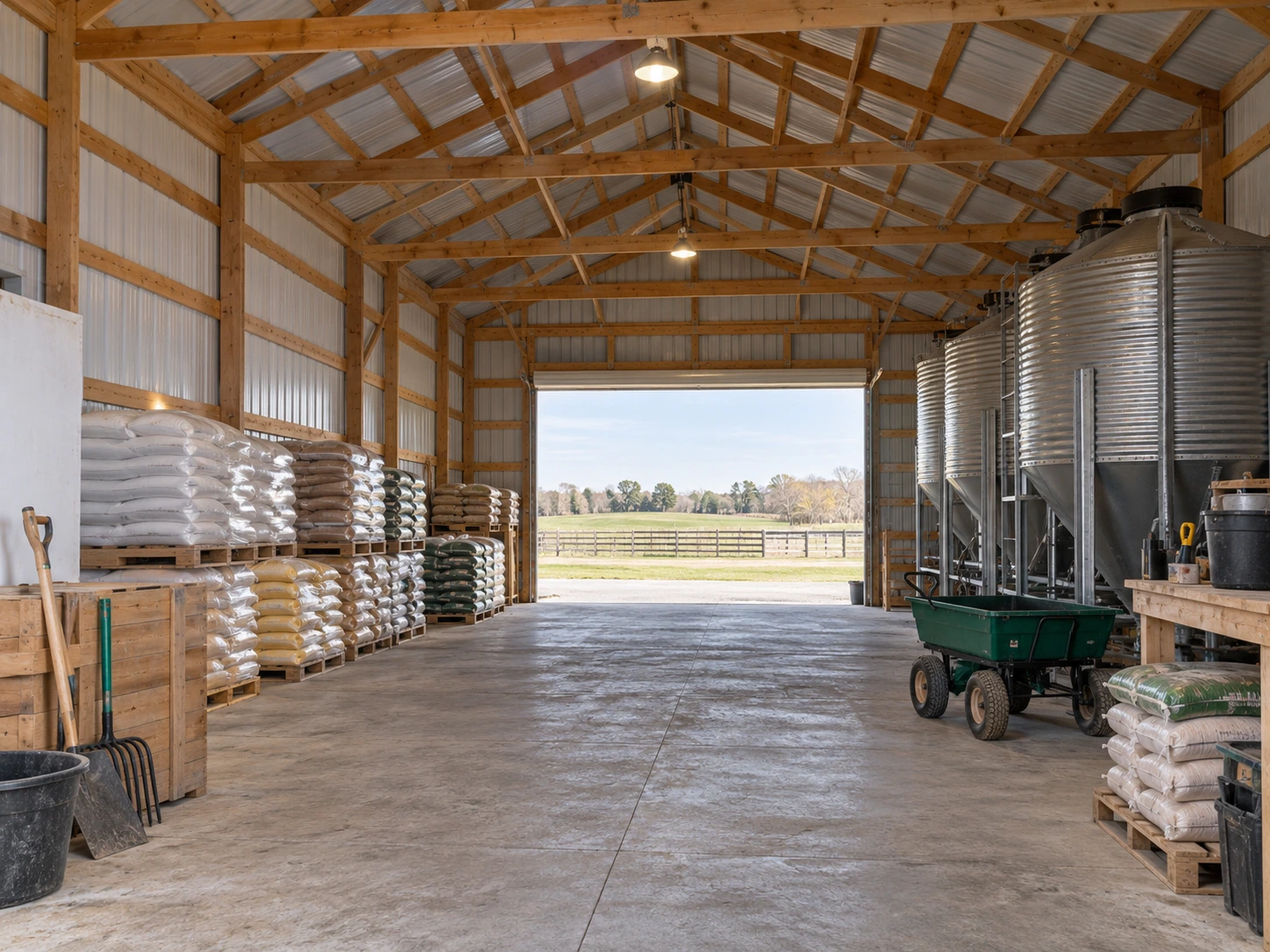 Organized agricultural storage bay with feed containers and farm tools.