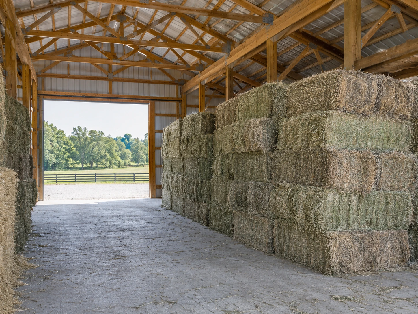 Dry hay bales stored beside a clear handling aisle in a ventilated barn.