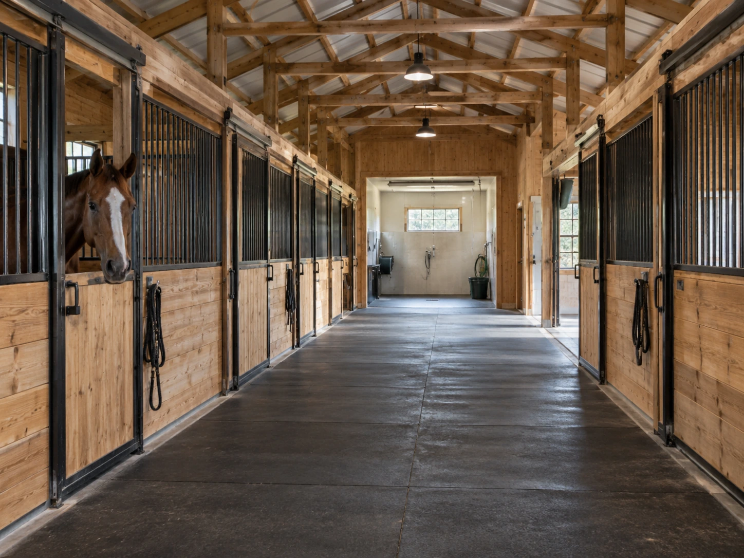 Horse barn center aisle with timber-fronted stalls and a separate wash area.