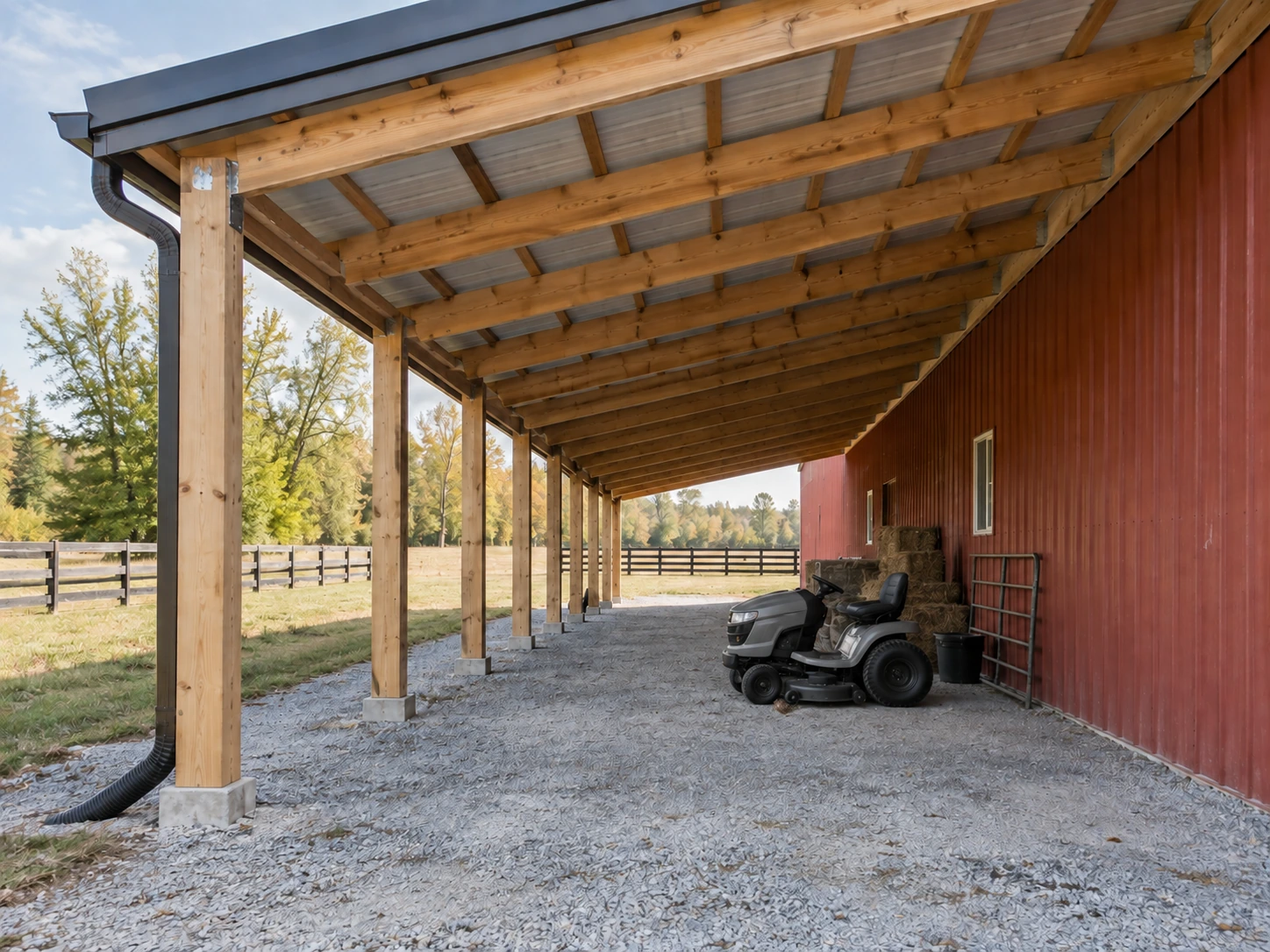 Covered lean-to storage area beside an existing pole barn wall.