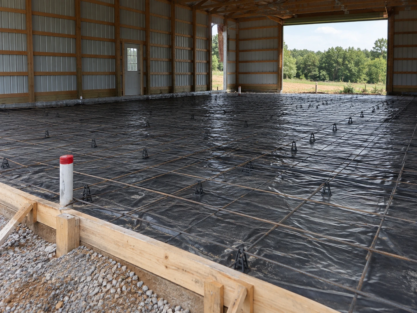 Prepared barn floor base with vapor retarder and reinforcement before concrete placement.