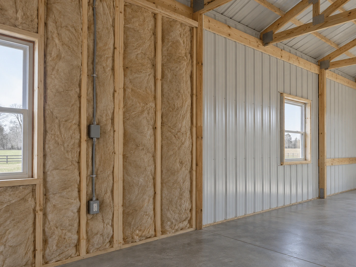 Pole-barn wall during insulation, electrical rough-in, and liner-panel installation.