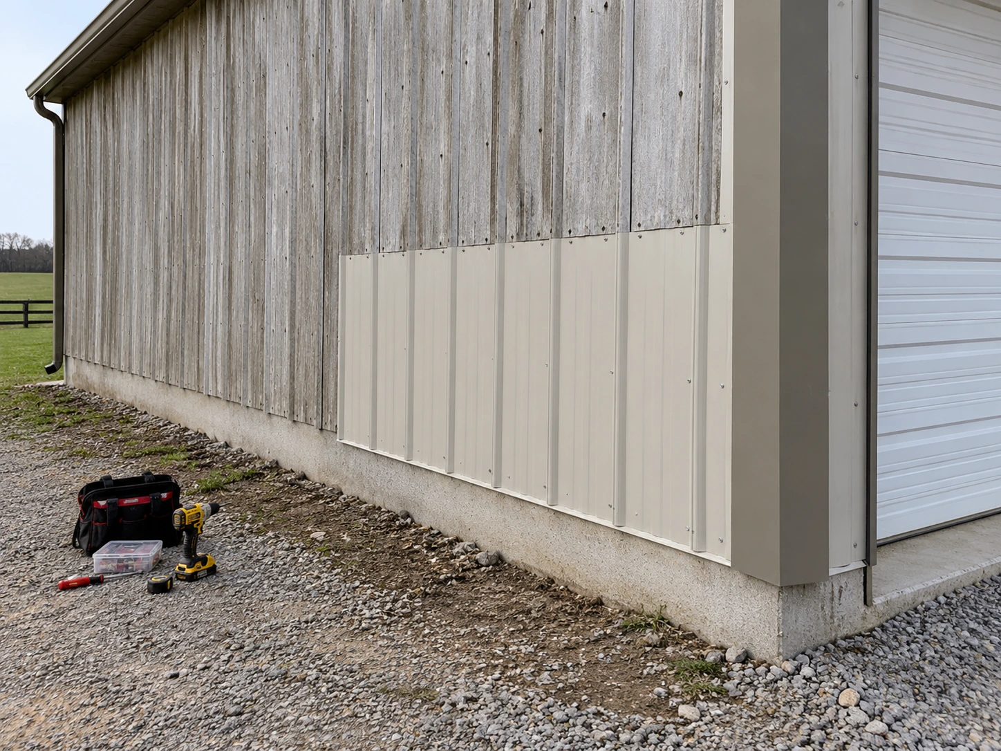 Replacement wall panel and trim beside existing weathered barn siding. Replacement wall panel and trim beside existing weathered barn siding.