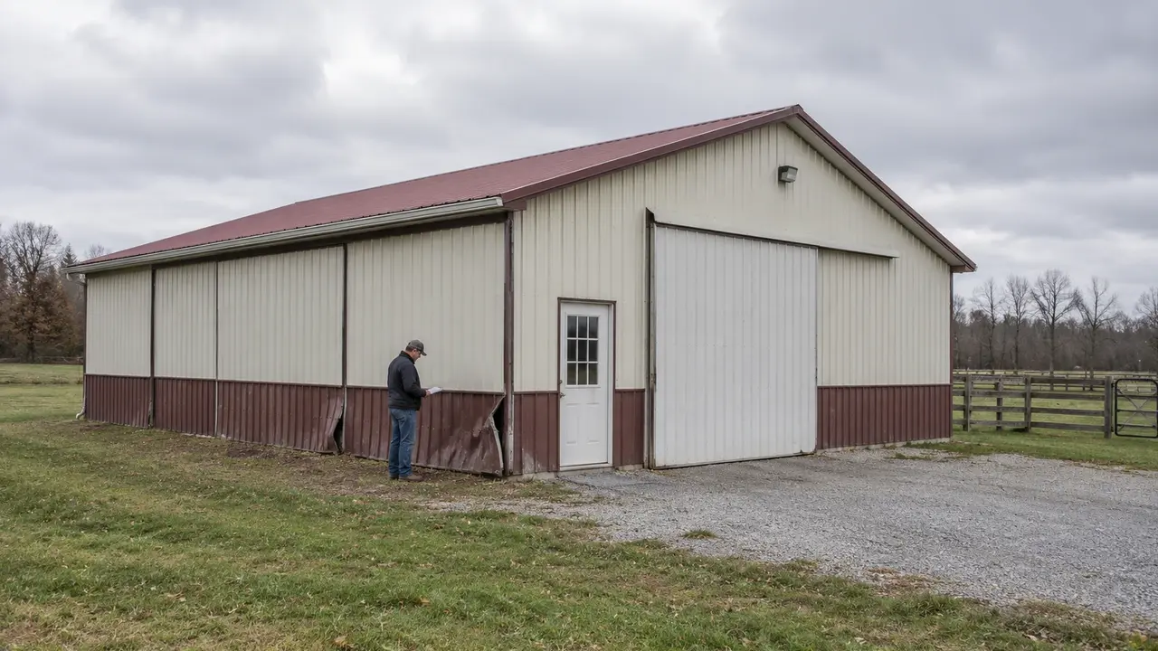 Technician inspecting localized siding and door-trim damage on an older pole barn. Technician inspecting localized siding and door-trim damage on an older pole barn.