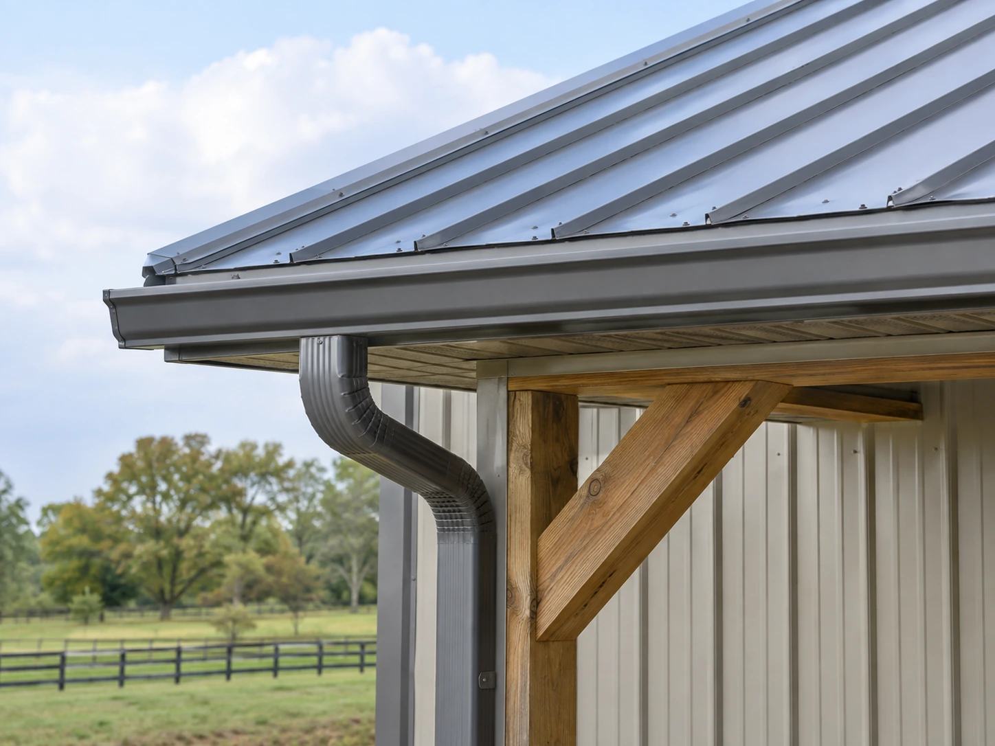 Metal-roof eave with edge flashing and a gutter at a barn corner. Metal-roof eave with edge flashing and a gutter at a barn corner.