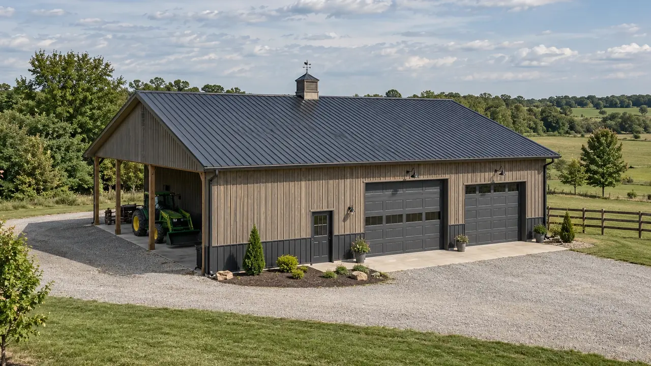 Pole barn with a renewed metal roof, ridge cap, and aligned roof panels. Pole barn with a renewed metal roof, ridge cap, and aligned roof panels.