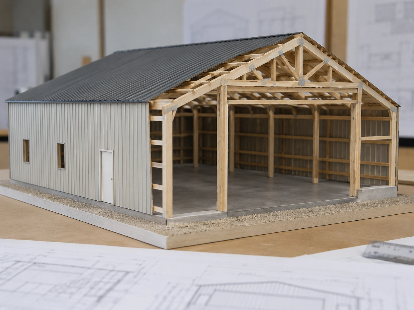 Physical scale model showing a post-frame building's columns, trusses, and door opening.