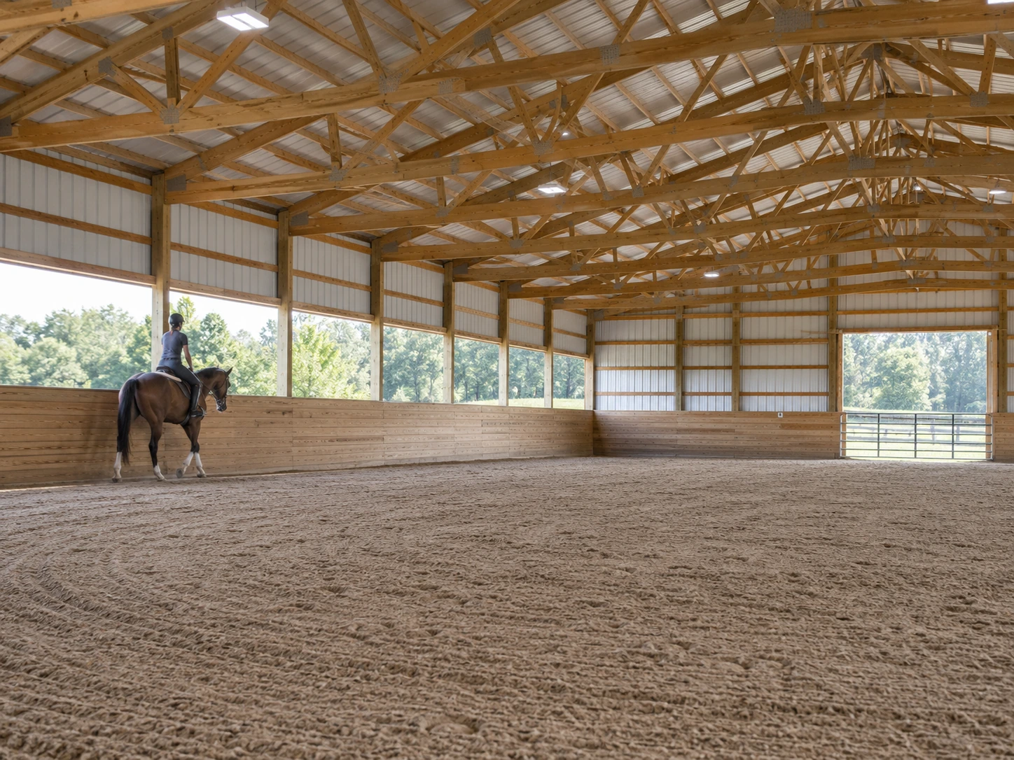 Clear-span riding arena with groomed footing, kickboards, and a horse and rider.