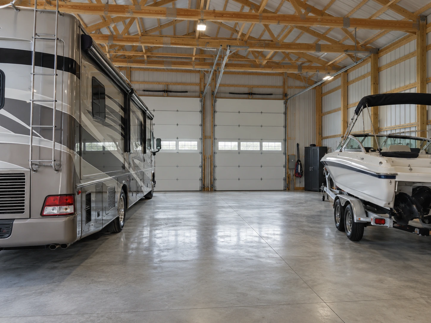 RV and boat stored in adjacent bays with room for walking and trailer clearance.