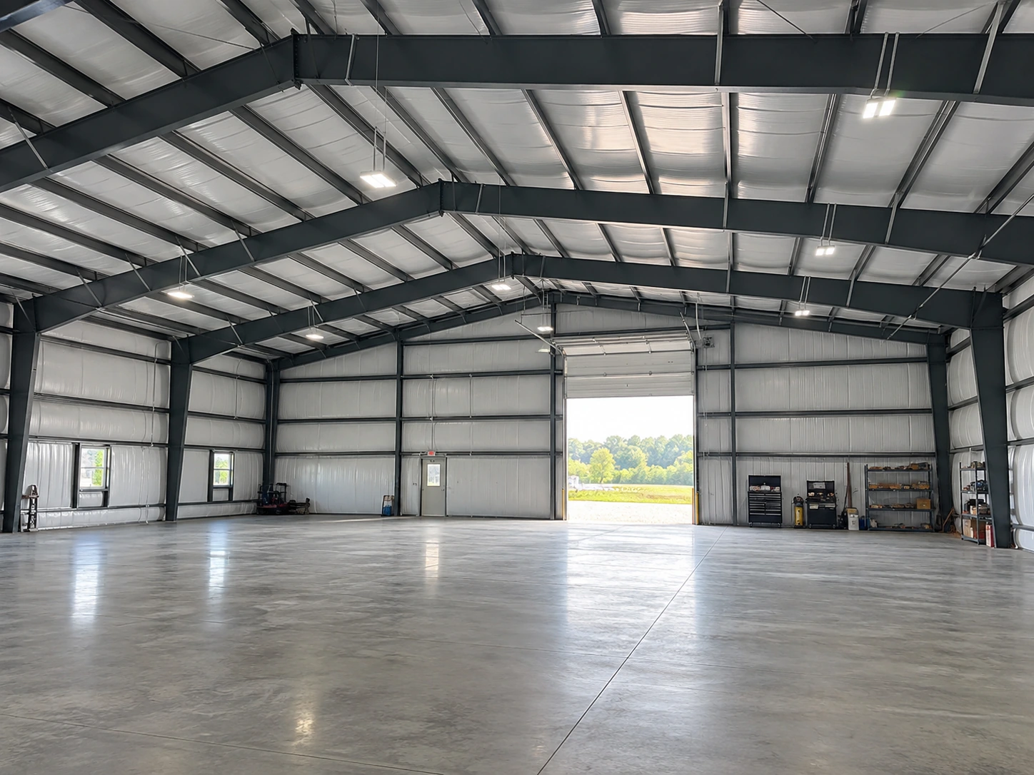 Steel portal frames spanning an open building interior without central columns. Steel portal frames spanning an open building interior without central columns.