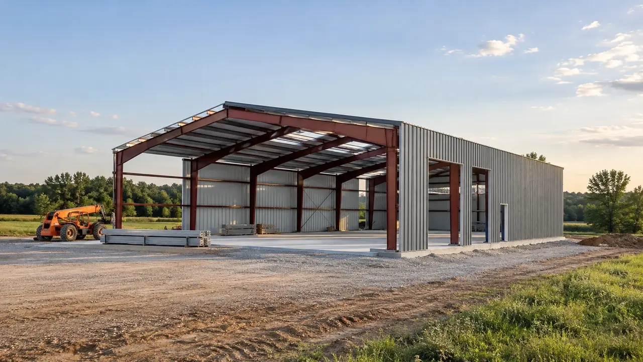 Steel portal-frame building during partial roof and wall cladding installation. Steel portal-frame building during partial roof and wall cladding installation.