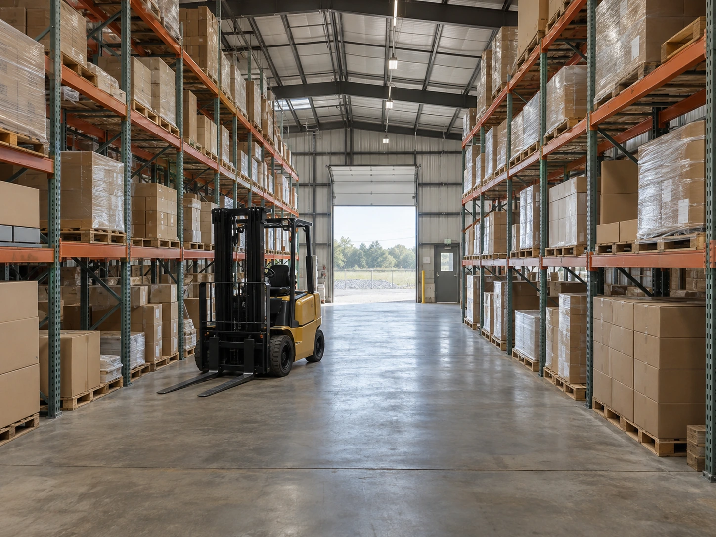 Warehouse pallet racks arranged around a clear forklift aisle.