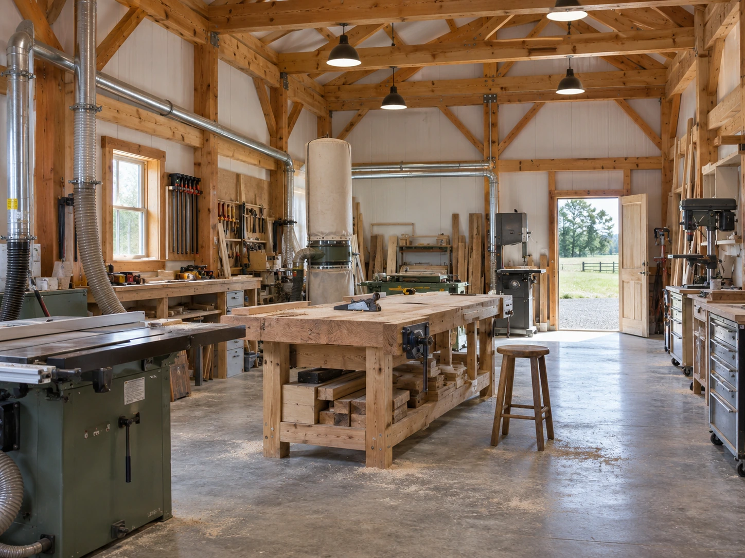 Organized workshop with a central bench, task lighting, and dust collection.